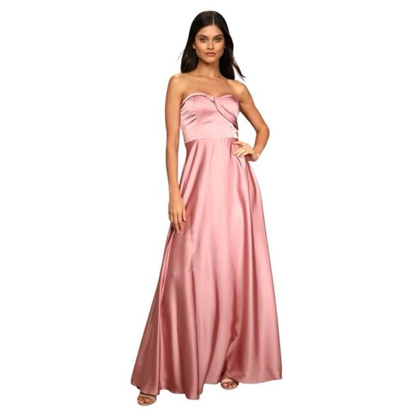 NWT Lulus Real Romantic Light Rose Satin Strapless Maxi Dress Size L - Picture 1 of 7